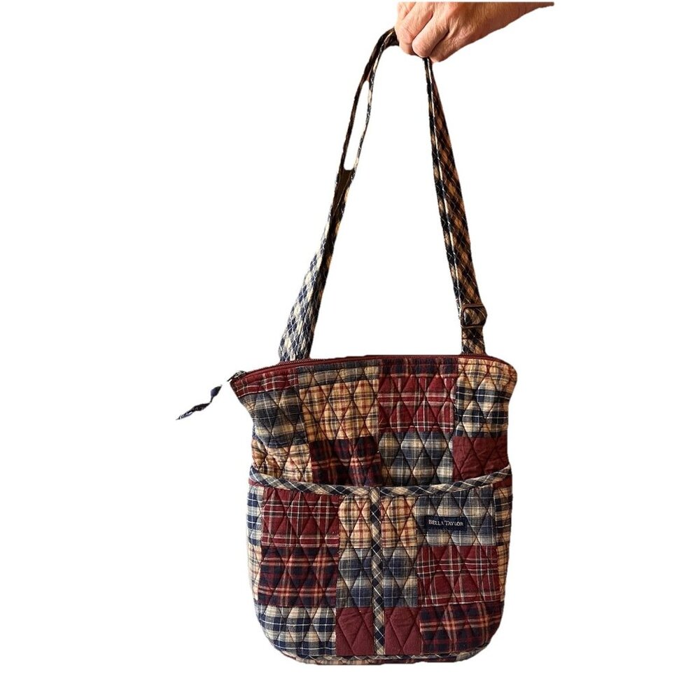 Bella Taylor Crossbody Lightweight Quilted Patchwork Red Blue Tan Zipper Pockets